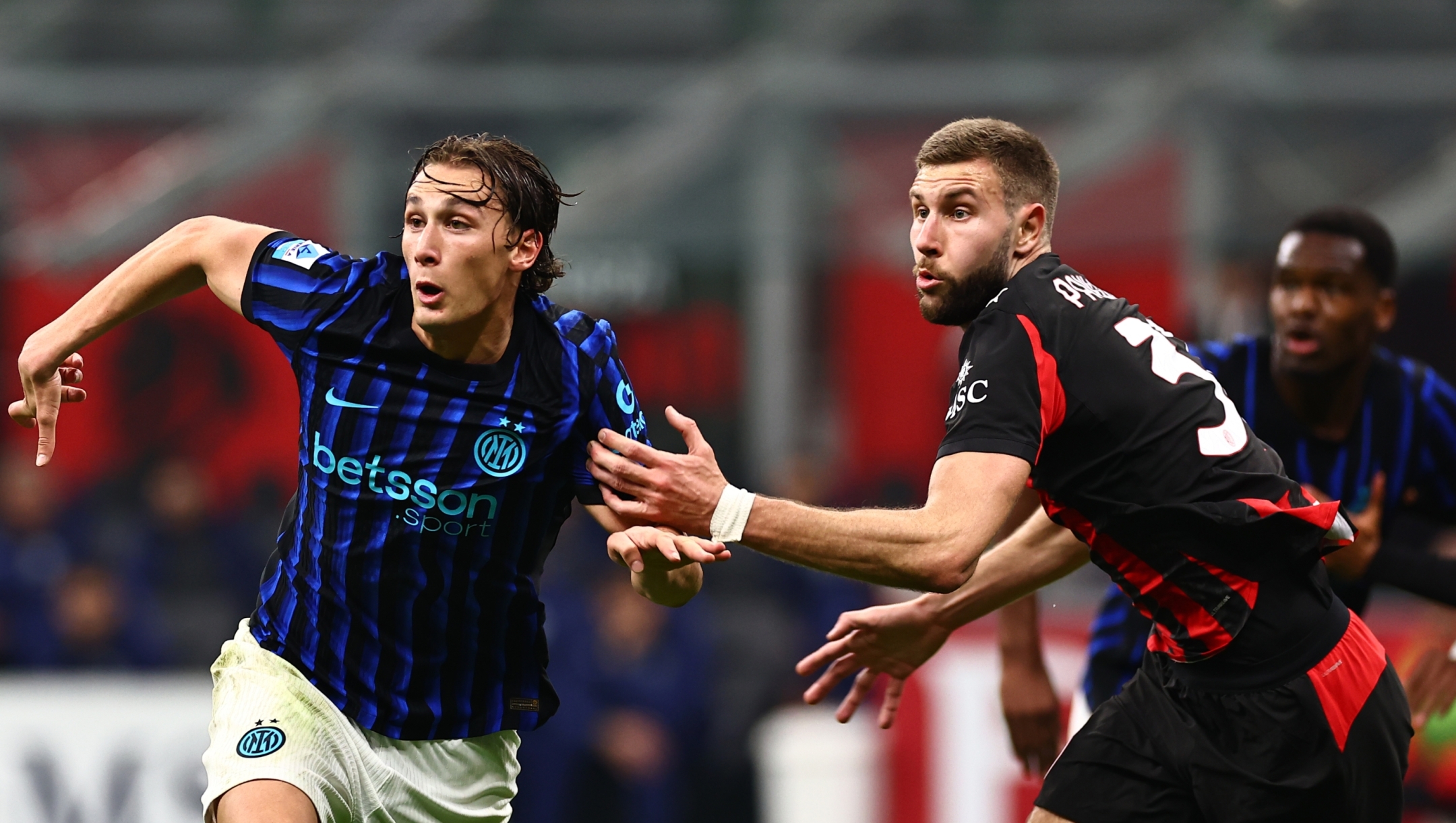  Strahinja Pavlovic of AC Milan competes for the ball with Francesco Pio Esposito of FC Internazionale during the Serie A match between AC Milan and FC Internazionale at Giuseppe Meazza Stadium on March 08, 2026 in Milan, Italy. (Photo by Luca Amedeo Bizzarri - Inter/Inter via Getty Images)