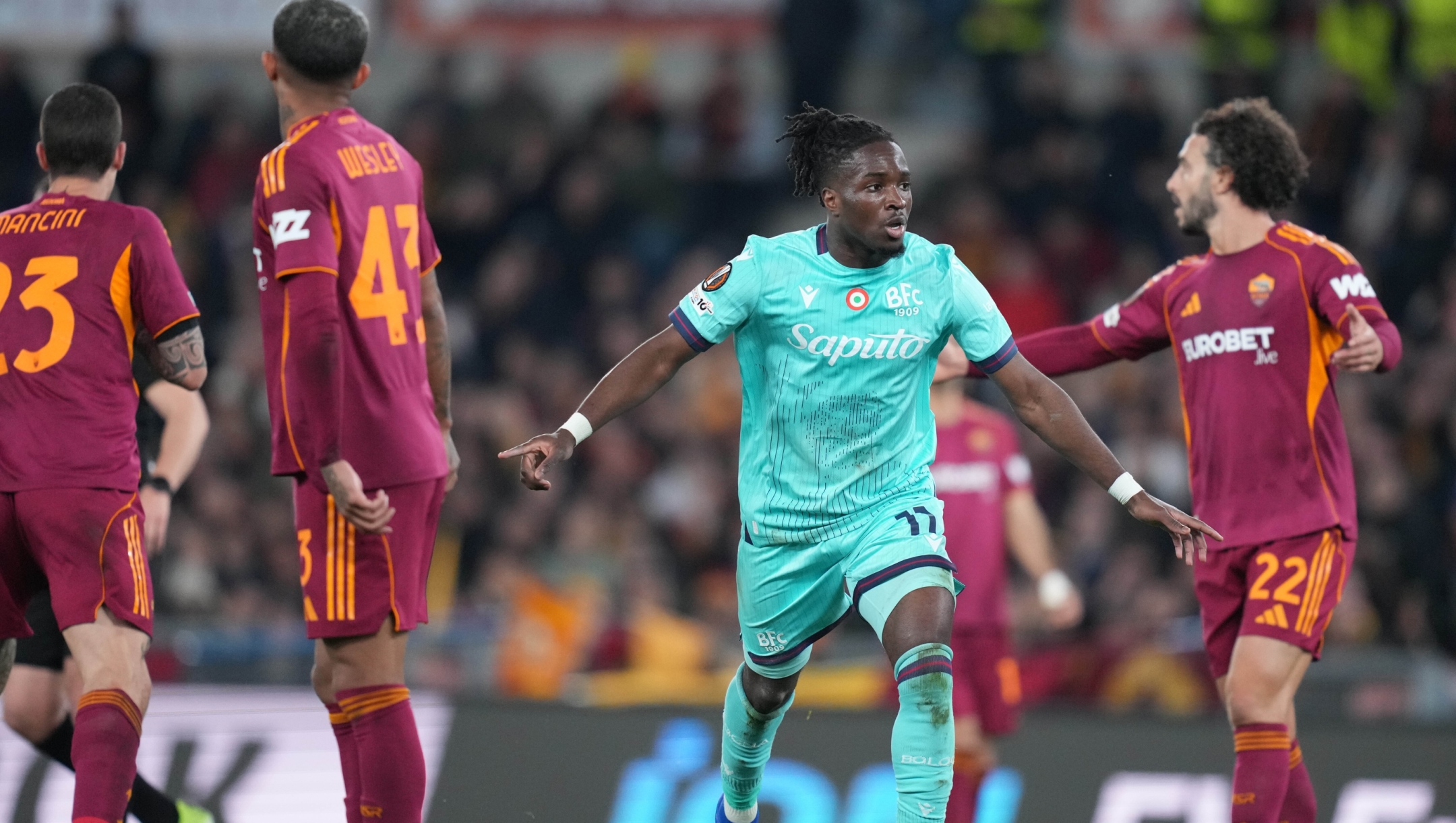 Bologna's Jonathan Rowe celebrates after scoring during the Uefa Europa League soccer match between Roma and Bologna at the Olympic Stadium in Rome, Italy - Thursday, March 19, 2026. Sport - Soccer . (Photo by Alfredo Falcone/Lapresse)