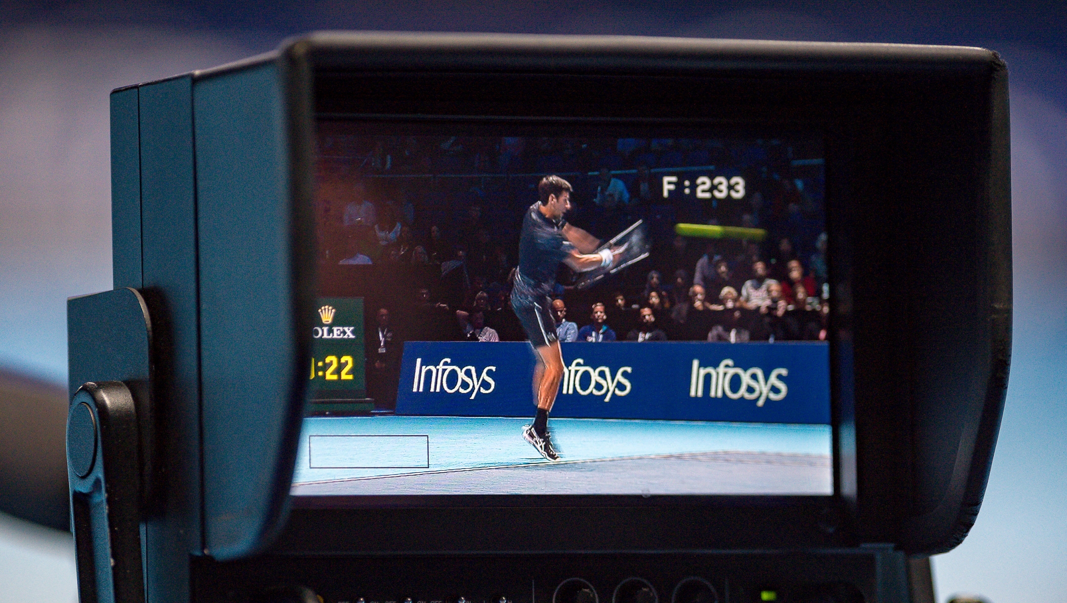 TV Camera monitor showing Novak Djokovic of Serbia in action during the Nitto ATP World Tour Finals at the O2 Arena, London, United Kingdom on November 14, 2018, Photo by Martin Cole / ProSportsImages / DPPI (Photo by MARTIN COLE / Pro Sports Images Ltd / DPPI via AFP)