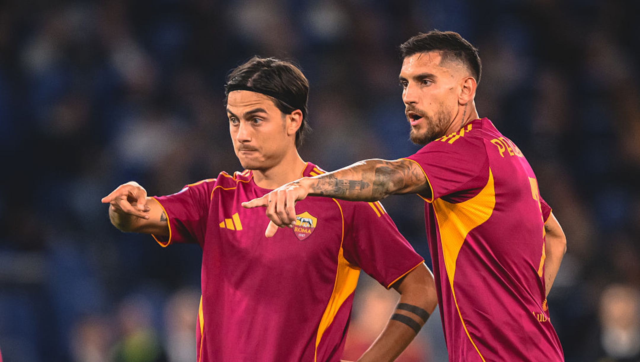  Lorenzo Pellegrini and Paulo Dybala of AS Roma  during the Serie A match between AS Roma and FC Internazionale at Olimpico Stadium on October 18, 2025 in Rome, Italy. (Photo by Fabio Rossi/AS Roma via Getty Images)