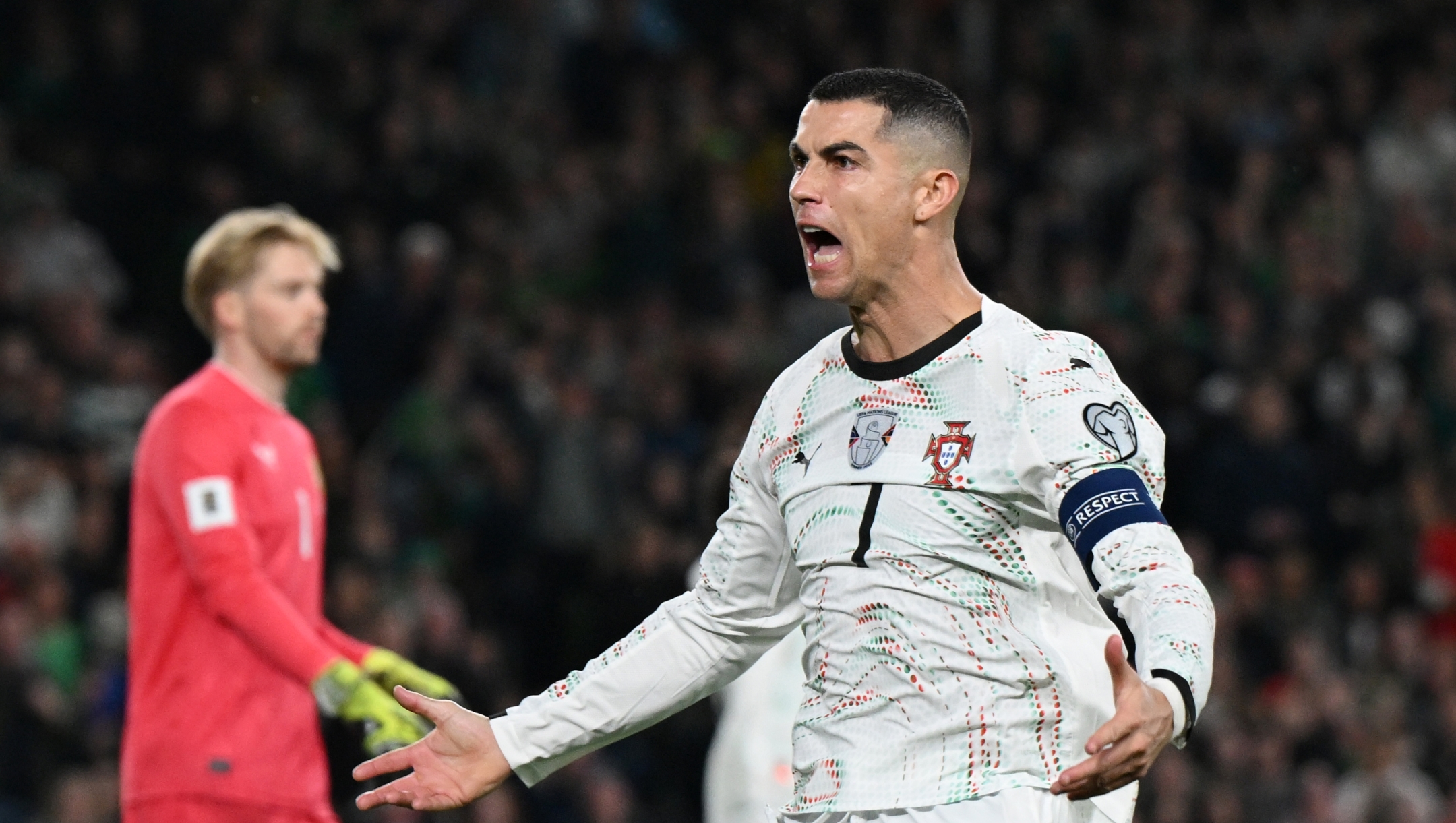  Cristiano Ronaldo of Portugal reacts during the FIFA World Cup 2026 qualifier match between Republic of Ireland and Portugal at Aviva Stadium on November 13, 2025 in Dublin, Ireland. (Photo by Charles McQuillan/Getty Images)