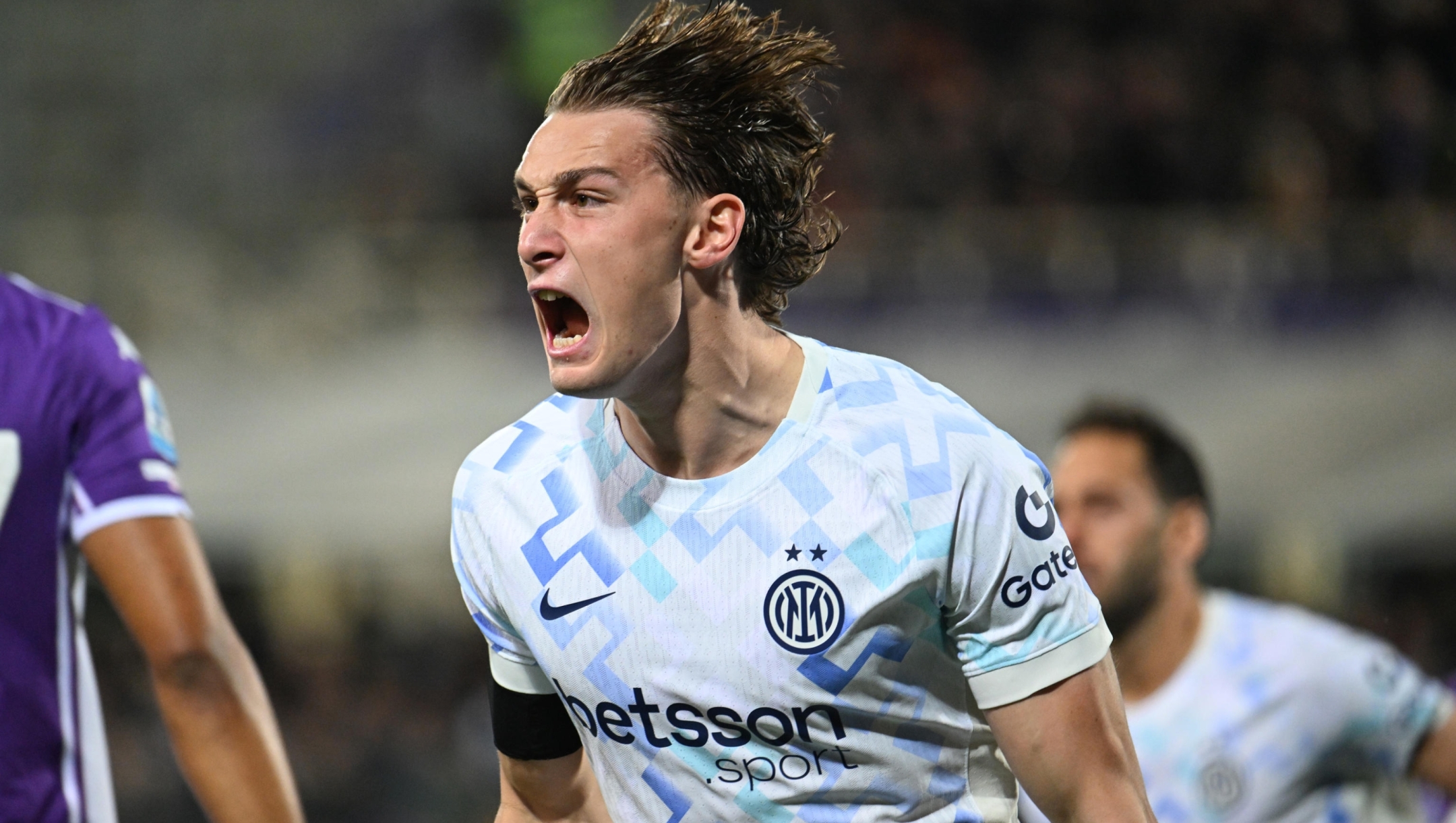 Inter's foward Pio Esposito celebrate after scoring a goal  during the Italian serie A  soccer match ACF Fiorentina vs Fc Internazionale at Artemio Franchi Stadium in Florence, Italy,22 March  2026 ANSA/CLAUDIO GIOVANNINI