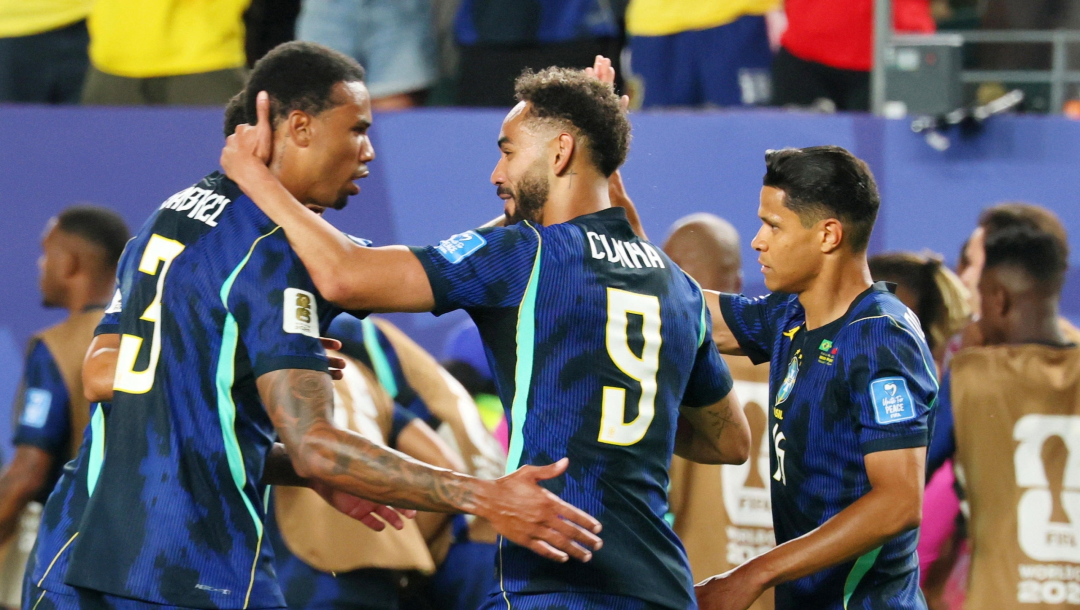 epa13050889 Brazil forward Matheus Cunha (C) celebrates his second goal during the FIFA World Cup 2026 group stage match between Haiti and Brazil at Lincoln Financial Field in Philadelphia, Pennsylvania, USA, 19 June 2026.  EPA/JIJI PRESS JAPAN OUT EDITORIAL USE ONLY/