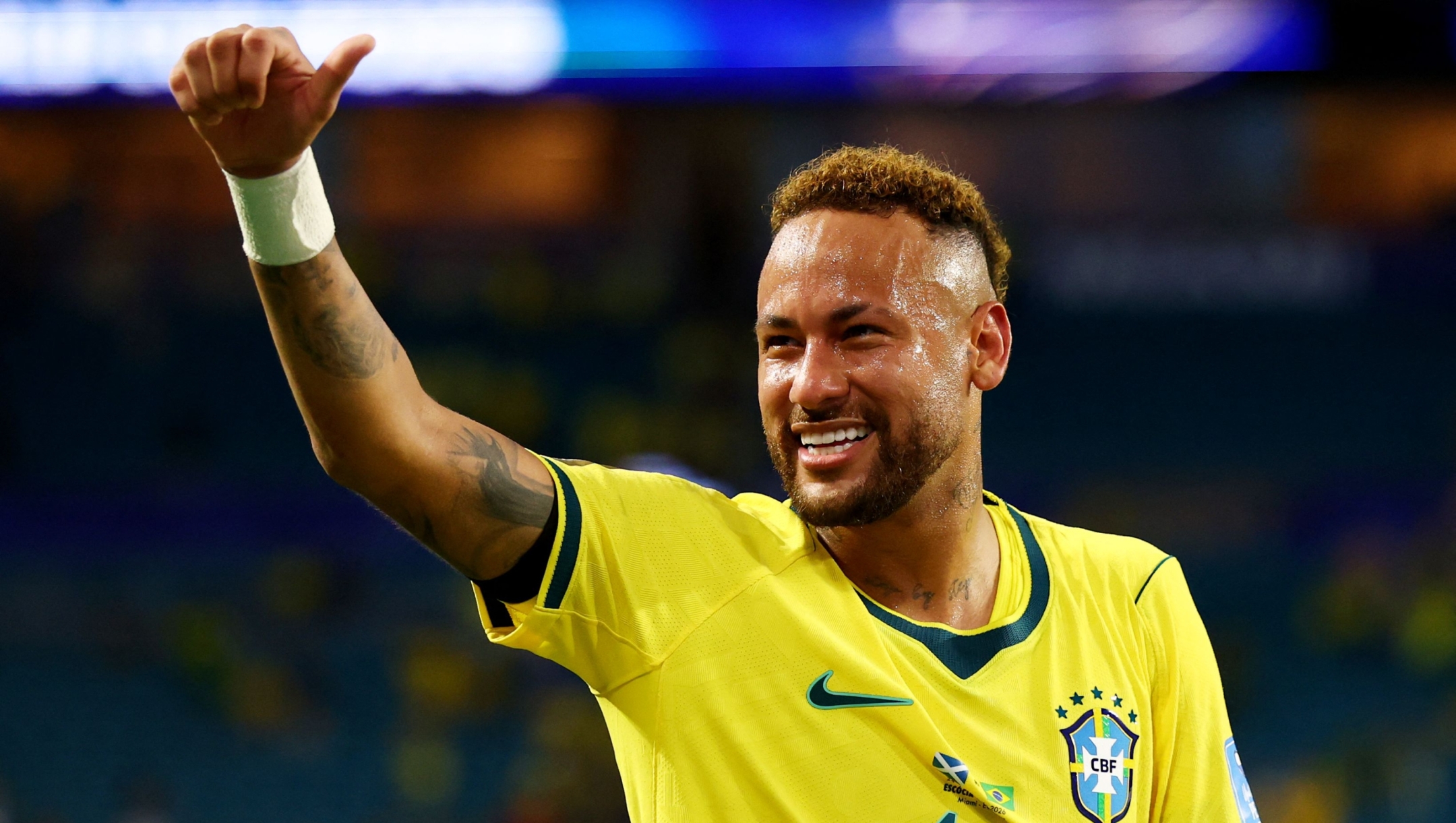  Neymar Jr #10 of Brazil applauds fans after the 3-0 win during the FIFA World Cup 2026 Group C match between Scotland and Brazil at Miami Stadium on June 24, 2026 in Miami Gardens, Florida.   Robert Cianflone/Getty Images/AFP (Photo by ROBERT CIANFLONE / GETTY IMAGES NORTH AMERICA / Getty Images via AFP)