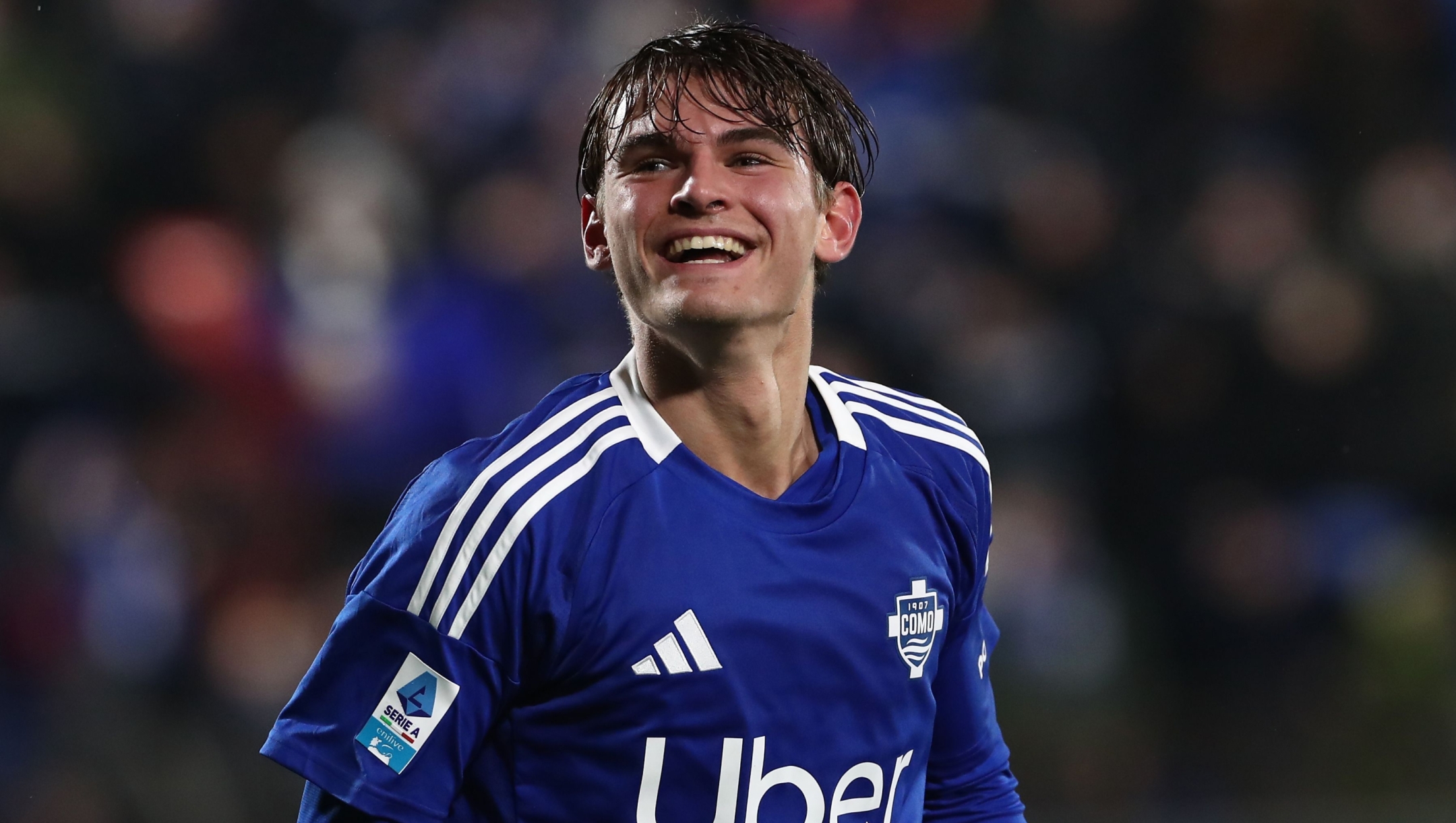  Nico Paz of Como 1907 celebrates after scoring their team's fourth goal during the Serie A match between Como 1907 and Udinese Calcio at Stadio G. Sinigaglia on January 20, 2025 in Como, Italy. (Photo by Marco Luzzani/Getty Images)