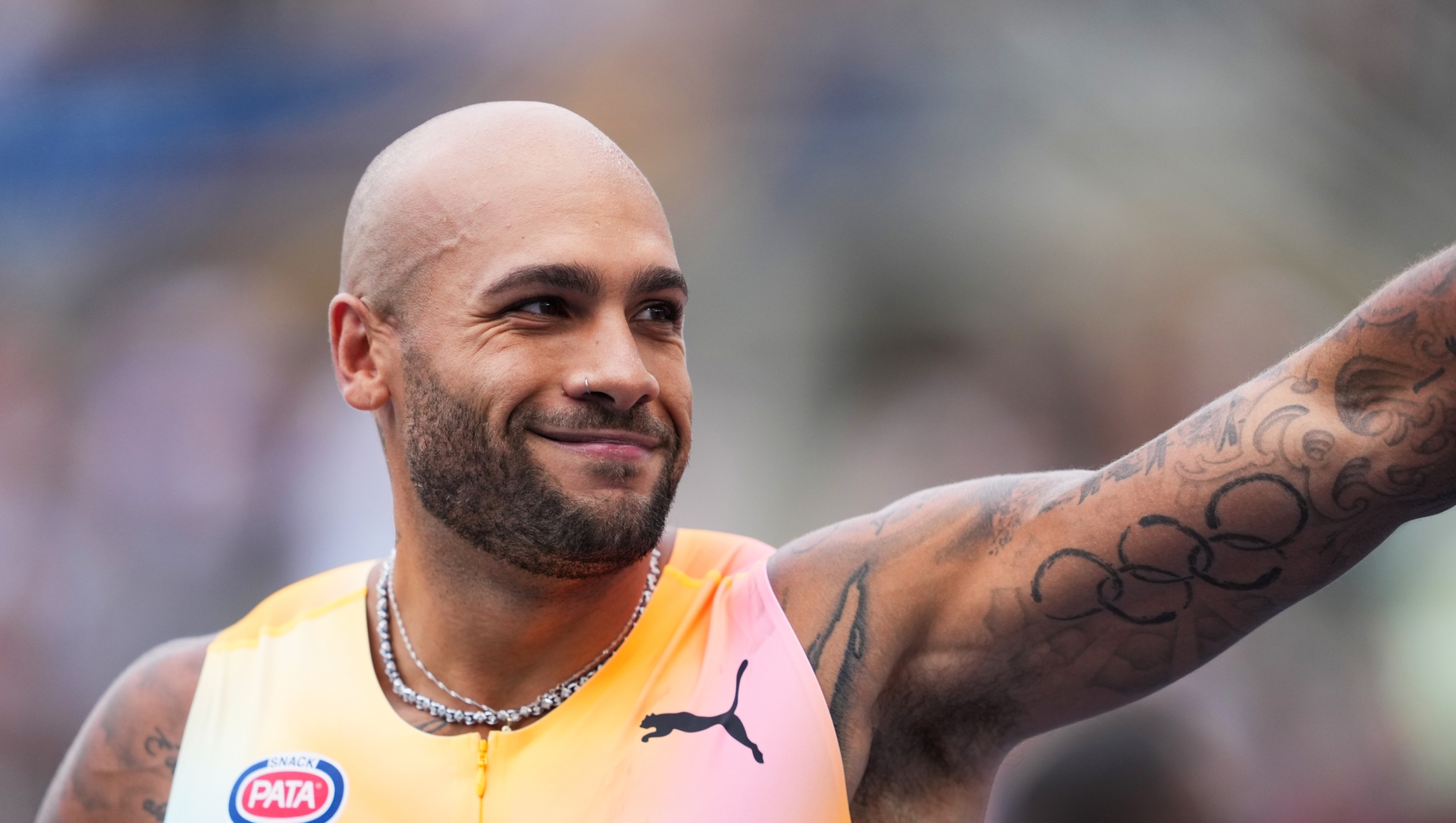  Third placed Lamont Marcell Jacobs of Team Italy waves to the crowd following the Men's 100 Metres Final during the Meeting de Paris, part of the 2026 Wanda Diamond League at Stade Charlety on June 28, 2026 in Paris, France. (Photo by Sona Maleterova/Getty Images)