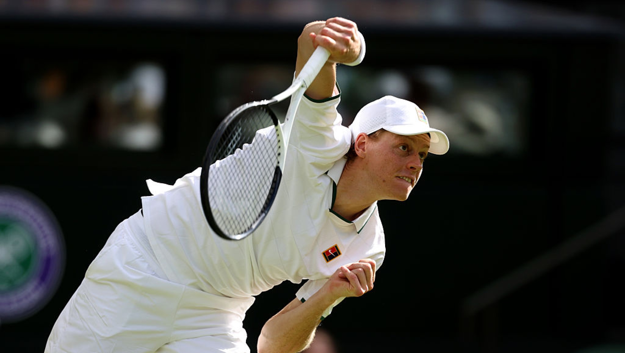  Jannik Sinner of Italy serves against Miomir Kecmanovic of Serbia during the Gentlemen's Singles first round match on day one of The Championships Wimbledon 2026 at All England Lawn Tennis and Croquet Club on June 29, 2026 in London, England. (Photo by Matthew Stockman/Getty Images)
