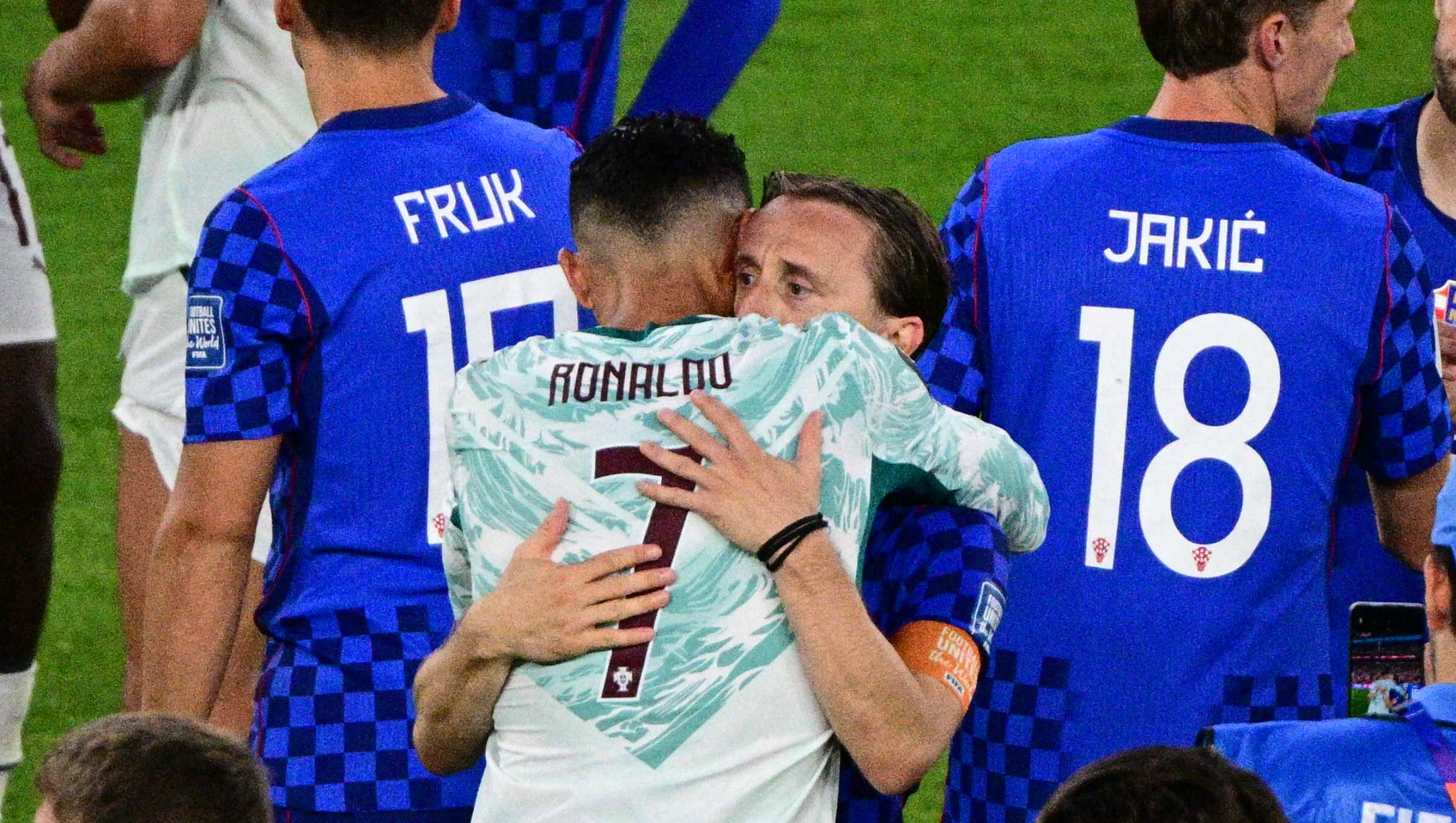 Croatia's Luka Modric (10) hugs Portugal's Cristiano Ronaldo (7) after the World Cup round of 32 soccer match between Portugal and Croatia in Toronto, Thursday, July 2, 2026. (Sammy Kogan/The Canadian Press via AP)