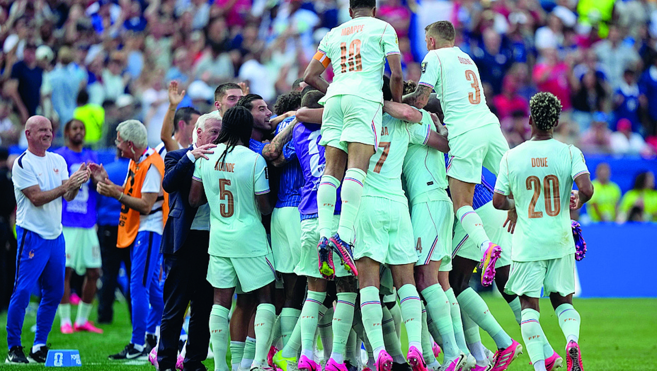 France players celebrate after Ousmane Dembele scored their side's second goal during the World Cup quarterfinal soccer match between France and Morocco in Foxborough, Mass., near Boston, Thursday, July 9, 2026. (AP Photo/Matt Slocum)