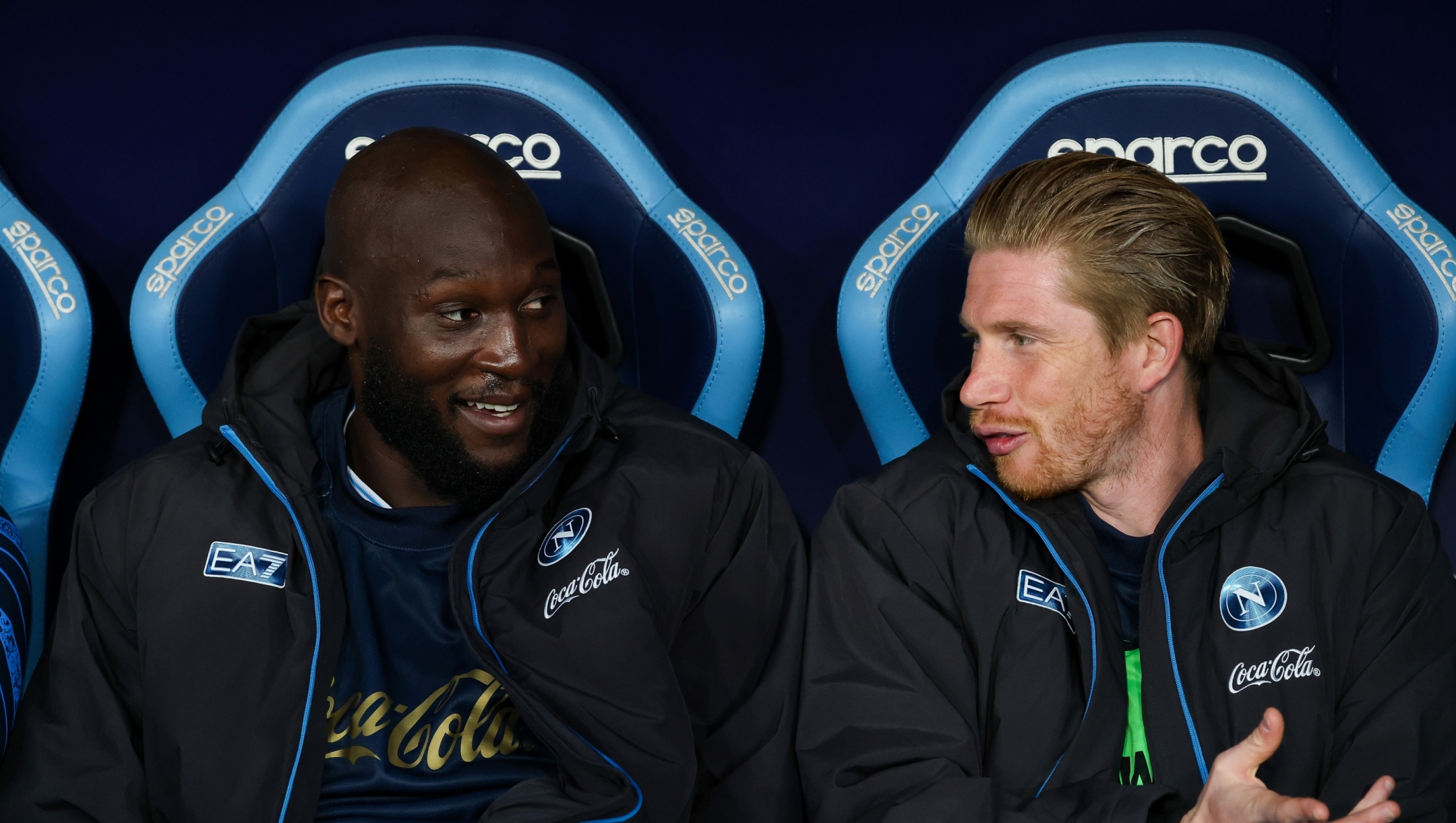 Napoli's Romelu Lukaku, Napoli’s Kevin De Bruyne  during the Serie A soccer match between Napoli and Lecce  at the Diego Armando Maradona Stadium in Naples, southern italy - Saturday , March 14 , 2026. Sport - Soccer . 
(Photo by Alessandro Garofalo/LaPresse)