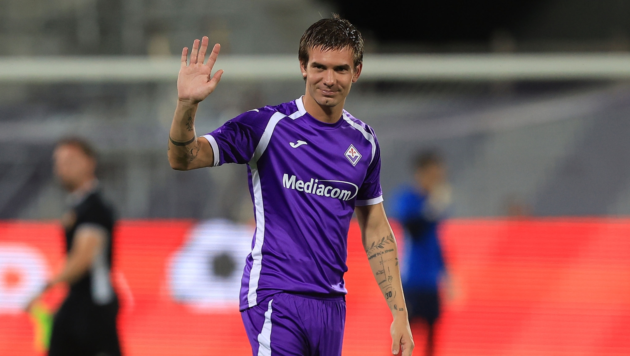  Franco Mastantuono of ACF Fiorentina of ACF Fiorentina reacts during warm-up prior during of the Coppa Italia match between of ACF Fiorentina and Benevento Calcio at Artemio Franchi on August 14, 2026 in Florence, Italy. (Photo by Gabriele Maltinti/Getty Images)
