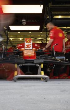 Race engineers prepare the car of Ferrari's Monegasque driver Charles Leclerc during the second day of the Formula One pre-season testing at the Bahrain International Circuit in Sakhir on February 22, 2024. (Photo by Andrej ISAKOVIC / AFP)