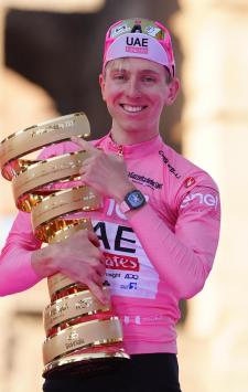 Pogacar Tadej (Team Uae Emirates) pink jersey on the podium with the trophy after the victory of the race during the stage 21 of the Giro d'Italia from Roma to Roma, Italy. Sunday, May 26, 2024. (Photo by Fabio Ferrari/LaPresse)