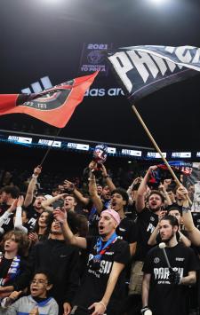 epa11782793 Supporters of Paris Basketball cheer during the Euroleague Basketball match between Paris Basketball and Real Madrid in Paris, France, 17 December 2024.  EPA/TERESA SUAREZ