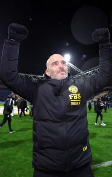 PRESTON, ENGLAND - APRIL 29: Enzo Maresca, Manager of Leicester City, celebrates victory whilst showing appreciation to the fans at full-time following the team's victory and title win following the Sky Bet Championship match between Preston North End and Leicester City at Deepdale on April 29, 2024 in Preston, England. (Photo by Alex Livesey/Getty Images) (Photo by Alex Livesey/Getty Images)