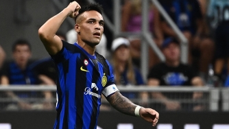 Inter Milan's Argentine forward #10 Lautaro Martinez celebrates after scoring a goal during the Italian Serie A football match between Inter Milan and Fiorentina at San Siro stadium in Milan on September 3, 2023. (Photo by Isabella BONOTTO / AFP)
