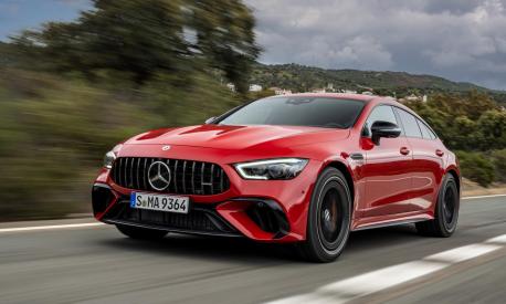 Mercedes-AMG GT 63 S E PERFORMANCE; Jupiter red; Exclusive nappa leather / DINAMICA microfibre black //Fuel consumption weighted, combined: 7.9 l/100 km; weighted, combined CO2 emissions: 180 g/km; Power consumption weighted, combined: 12.0 kWh/100 km[1];Fuel consumption weighted, combined: 7.9 l/100 km; weighted, combined CO2 emissions: 180 g/km; Power consumption weighted, combined: 12.0 kWh/100 km*