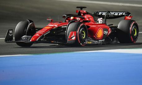 Ferrari driver Charles Leclerc of Monaco steers his car during the qualifying session ahead of the Formula One Grand Prix at the Jeddah corniche circuit in Jeddah, Saudi Arabia, Saturday, March 18, 2023. (AP Photo/Hassan Ammar)