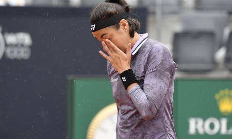 Caroline Garcia of France reacts during her match against Camila Osorio of Colombia at the Italian Open tennis tournament, in Rome, Italy, Saturday, May 13, 2023. (AP Photo/Antonietta Baldassarre)