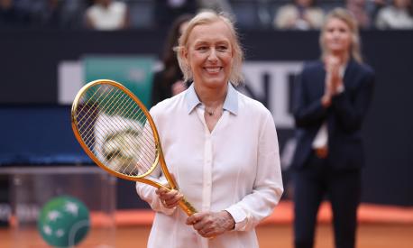 ROME, ITALY - MAY 21: Former tennis player Martina Navratilova is awarded with the "Golden Racket" prior to the men's singles final between Holger Rune of Denmark and Daniil Medvedev during day fourteen of the Internazionali BNL D'Italia 2023 at Foro Italico on May 21, 2023 in Rome, Italy. (Photo by Alex Pantling/Getty Images)