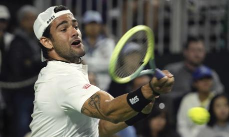 FILE - Matteo Berrettini, of Italy, returns a shot to Taro Daniel, of Japan, at the BNP Paribas Open tennis tournament Friday, March 10, 2023, in Indian Wells, Calif. Former Wimbledon runner-up Matteo Berrettini withdrew from the upcoming Italian Open on Friday, April 28, 2023 as he continues to recover from a stomach muscle tear. (AP Photo/Mark J. Terrill, File)