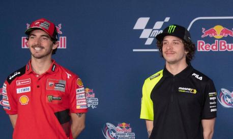 AUSTIN, TEXAS - APRIL 13: (L-R) Francesco Bagnaia of Italy and Ducati Lenovo Team, Marco Bezzecchi of Italy and Mooney VR46 Racing Team and Johann Zarco of France and Pramac Racing pose during the press conference pre-event during the MotoGP Of The Americas - Previews on April 13, 2023 in Austin, Texas.   Mirco Lazzari gp/Getty Images/AFP (Photo by Mirco Lazzari gp / GETTY IMAGES NORTH AMERICA / Getty Images via AFP)