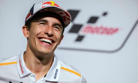 Repsol Honda Team's Spanish rider Marc Marquez smiles during a press conference ahead of the MotoGP German motorcycle Grand Prix at the Sachsenring racing circuit in Hohenstein-Ernstthal near Chemnitz, eastern Germany, on June 15, 2023. (Photo by Ronny Hartmann / AFP)