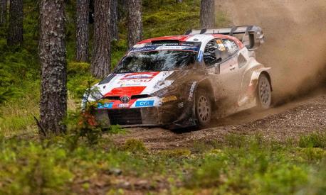 Finnish driver Kalle Rovanpera and co-driver Jonne Halttunen in their Toyota GR Yaris car compete during the Mustvee stage of the Rally Estonia, eighth round of the FIA World Rally Championship on July 21, 2023 near Tartu, Estonia. (Photo by Timo Anis / AFP)