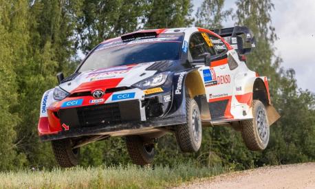 Kalle Rovanpera of Finland and his co-driver Jonne Halttunen compete in their Toyota Yaris Rally1 HYBRID during the Otepaa stage of the Rally Estonia, eighth round of the FIA World Rally Championship on July 22nd, 2023 near Tartu, Estonia. (Photo by Timo Anis / AFP)