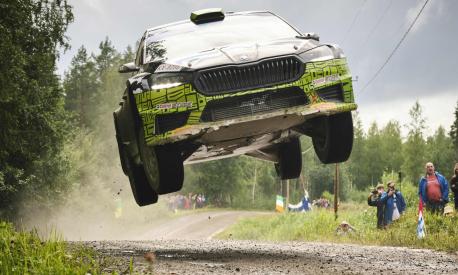 Skoda's Swedish driver Oliver Solberg and British co-driver Elliott Edmondson steer their car on the second day of the WRC Rally Finland in Jyvaskyla, Finland, on August 4, 2023. (Photo by Hannu Rainamo / Lehtikuva / AFP) / Finland OUT