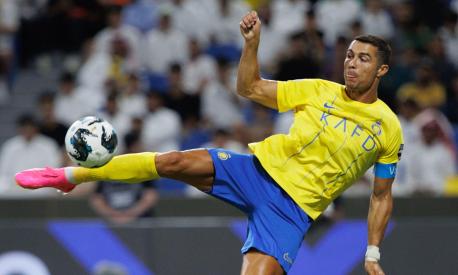 Nassr's Portuguese forward Cristiano Ronaldo kicks the ball during the 2023 Arab Club Champions Cup group C football match between Saudi Arabia's Al-Nassr and Saudi Arabia's Al-Shabab at the King Fahd Stadium in Taif on July 28, 2023. (Photo by AFP)