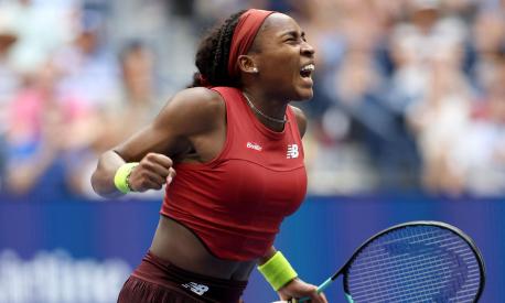 NEW YORK, NEW YORK - SEPTEMBER 03: Coco Gauff of the United States celebrates match point to defeat Caroline Wozniacki of Denmark during their Women's Singles Fourth Round match on Day Seven of the 2023 US Open at the USTA Billie Jean King National Tennis Center on September 03, 2023 in the Flushing neighborhood of the Queens borough of New York City.   Matthew Stockman/Getty Images/AFP (Photo by MATTHEW STOCKMAN / GETTY IMAGES NORTH AMERICA / Getty Images via AFP)