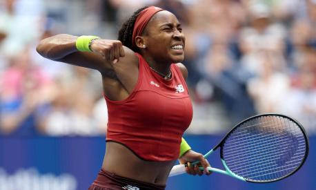 NEW YORK, NEW YORK - SEPTEMBER 03: Coco Gauff of the United States celebrates match point to defeat Caroline Wozniacki of Denmark during their Women's Singles Fourth Round match on Day Seven of the 2023 US Open at the USTA Billie Jean King National Tennis Center on September 03, 2023 in the Flushing neighborhood of the Queens borough of New York City.   Matthew Stockman/Getty Images/AFP (Photo by MATTHEW STOCKMAN / GETTY IMAGES NORTH AMERICA / Getty Images via AFP)