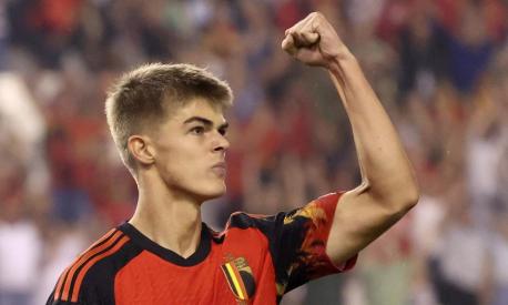 Belgium's Charles De Ketelaere celebrates after scoring his sides fifth goal during the Euro 2024 group F qualifying soccer match between Belgium and Estonia at the King Boudouin Stadium in Brussels, Tuesday, Sept. 12, 2023. (AP Photo/Geert Vanden Wijngaert)
