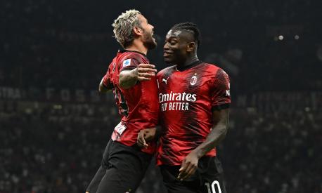 MILAN, ITALY - AUGUST 26:  Theo Hernandez of AC Milan celebrates with Rafael Leao after scoring the goal during the Serie A TIM match between AC Milan and Torino FC at Stadio Giuseppe Meazza on August 26, 2023 in Milan, Italy. (Photo by Claudio Villa/AC Milan via Getty Images)