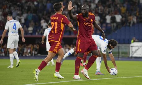 Roma's Romelu Lukaku, right, and Roma's Paulo Dybala celebrate after Renato Sanches scored their side's second goal during a Serie A soccer match between Roma and Empoli, at Rome's Olympic stadium, Sunday, Sept. 17, 2023. (AP Photo/Alessandra Tarantino)