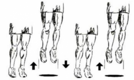 Thrust Ups: stando diritto con la distanza fra i piedi uguale alla larghezza delle spalle, tieni rigide le ginocchia senza piegarle, e salta usando esclusivamente polpacci e caviglie. Appena tocchi terra salta subito nello stesso modo finché non completi la serie: ogni salto è una ripetizione. Puoi usare le braccia per equilibrarti, se vuoi