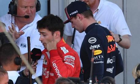 Leclerc e Verstappen dopo il GP d'Austria. Afp