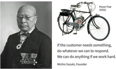 Il fondatore Michio Suzuki e una sua celebre frase: “Se il cliente ha bisogno di qualcosa, faremo tutto quello che possiamo per soddisfarlo. Se lavoriamo duramente, possiamo fare qualsiasi cosa”. In alto la prima bicicletta a motore dell’azienda giapponese, la Power Free del 1952