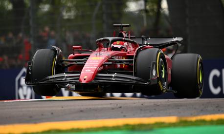 IMOLA, ITALY - APRIL 24: Charles Leclerc of Monaco driving (16) the Ferrari F1-75 with both front wheels in the air during the F1 Grand Prix of Emilia Romagna at Autodromo Enzo e Dino Ferrari on April 24, 2022 in Imola, Italy. (Photo by Clive Mason/Getty Images)