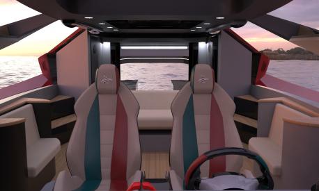 Le sedute della timoneria dello Yacht di Lazzarini Design ricordano i sedili delle supercar.