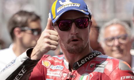 Second placed Australian rider Jack Miller of the Ducati Lenovo Team celebrates after the MotoGP race of the French Motorcycle Grand Prix at the Le Mans racetrack, in Le Mans, France, Sunday, May 15, 2022. (AP Photo/Jeremias Gonzalez)