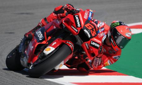 Ducati Italian rider Francesco Bagnaia rides during the first MotoGP free practice session of the Moto Grand Prix de Catalunya at the Circuit de Catalunya on June 3, 2022 in Montmelo on the outskirts of Barcelona. (Photo by LLUIS GENE / AFP)
