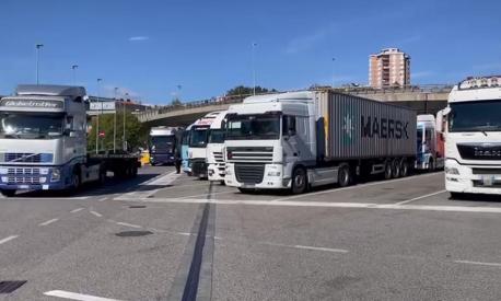 Camion all'esterno del porto di Trieste, 13 ottobre 2021. ANSA/ BENEDETTA MORO