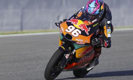 epa09918258 Moto3's Spanish rider Daniel Holgado (Red Bull KTM Ajo) during the second training free session celebrated at 'Angel Nieto' racetrack in Jerez de la Frontera, Cadiz, Andalusia, southern Spain, 30 April 2022. Spain's Motorcycling Gran Prix will be held on 01 May.  EPA/Roman Rios
