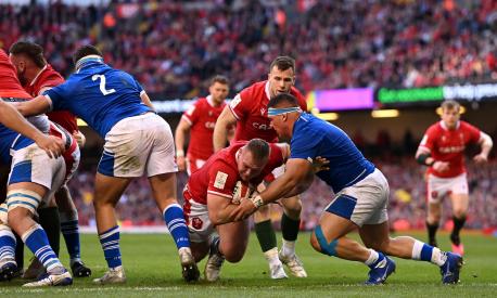CARDIFF, WALES - MARCH 19: Dewi Lake of Wales goes over to score their sides second try during the Six Nations Rugby match between Wales and Italy at Principality Stadium on March 19, 2022 in Cardiff, Wales. (Photo by Stu Forster/Getty Images)
