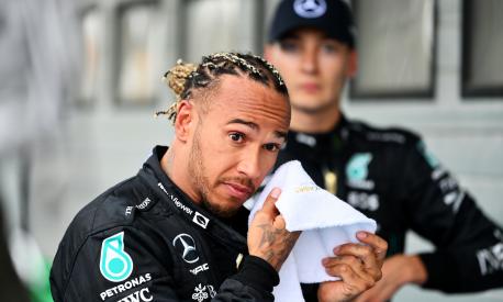 BUDAPEST, HUNGARY - JULY 31: Second placed Lewis Hamilton of Great Britain and Mercedes looks on in parc ferme during the F1 Grand Prix of Hungary at Hungaroring on July 31, 2022 in Budapest, Hungary. (Photo by Dan Mullan/Getty Images)