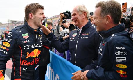 BUDAPEST, HUNGARY - JULY 31: Race winner Max Verstappen of the Netherlands and Oracle Red Bull Racing celebrates with Red Bull Racing Team Principal Christian Horner and Red Bull Racing Team Consultant Dr Helmut Marko in parc ferme during the F1 Grand Prix of Hungary at Hungaroring on July 31, 2022 in Budapest, Hungary. (Photo by Dan Mullan/Getty Images)