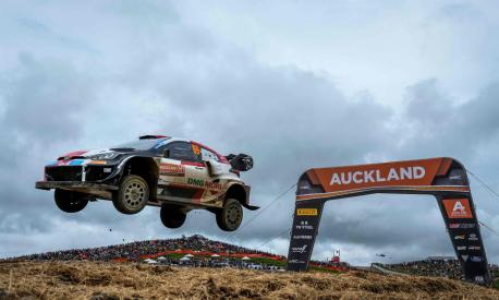 Finland's Kalle Rovanpera and his co-driver Jonne Halttunen drive their Gr Yaris Rally 1 Hybrid during SS15 of the Rally New Zealand, the 11th round of the FIA World Rally Championship, at Jack Ridge in the outskits of Auckland on October 2, 2022. (Photo by John COWPLAND / AFP)