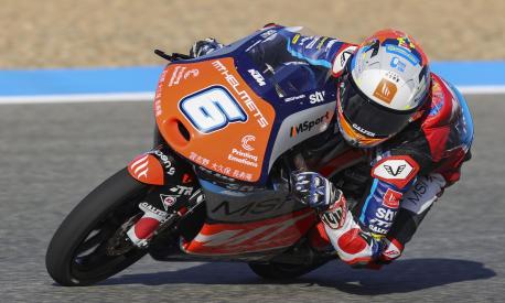 epa09918270 Moto3's Japanese rider Ryusei Yamanaka (MT Helmets-MSI) during the second training free session celebrated at 'Angel Nieto' racetrack in Jerez de la Frontera, Cadiz, Andalusia, southern Spain, 30 April 2022. Spain's Motorcycling Gran Prix will be held on 01 May.  EPA/Roman Rios